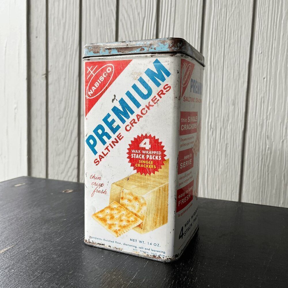 Vintage Nabisco Premium Saltine Crackers Tin Canister 14 oz 1960s Kitchen Decor